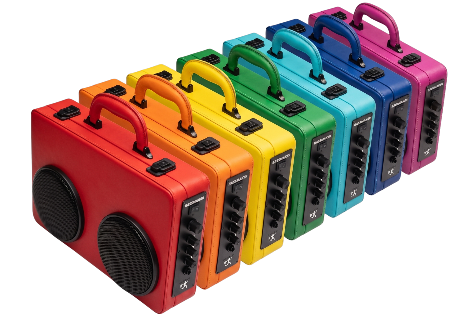 treblemaker units in red, orange, yellow, green, cyan, blue and magenta leather