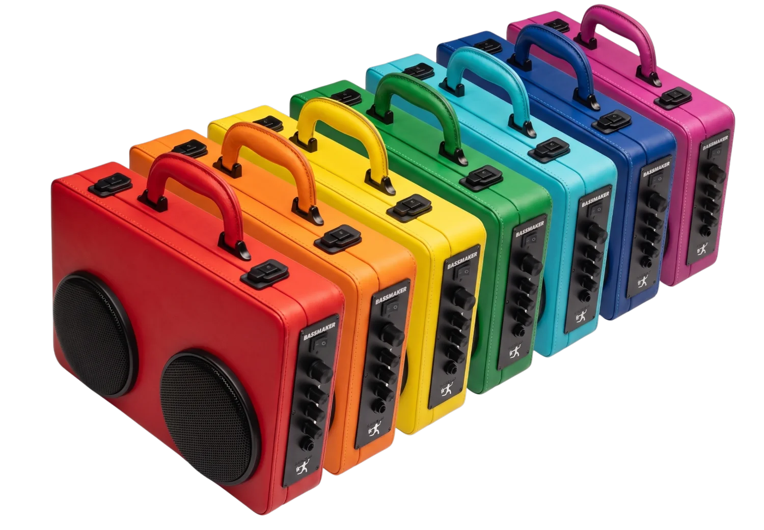 treblemaker units in red, orange, yellow, green, cyan, blue and magenta leather