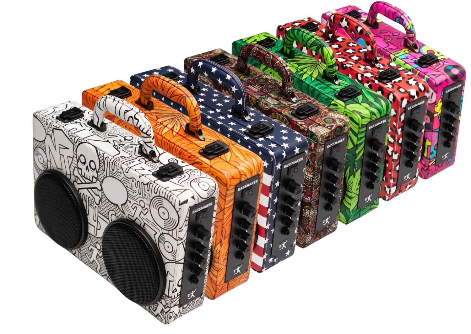 treblemaker units in printed patterns — graffiti, florals, stars and stripes, sugar skulls, palm, leopard, pop art