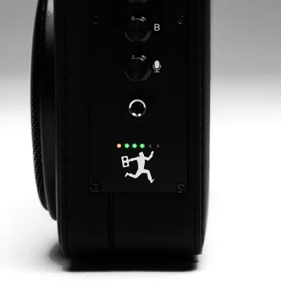 treblemaker battery meter and running-man logo, close-up